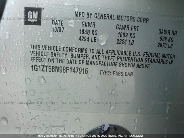 1G1ZT58N98F147916 - 2008 CHEVROLET MALIBU LT/CLASSIC GRAY photo 9