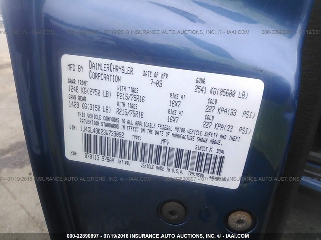 1J4GL48K23W733052 - 2003 JEEP LIBERTY SPORT/FREEDOM ლურჯი ფოტო 9