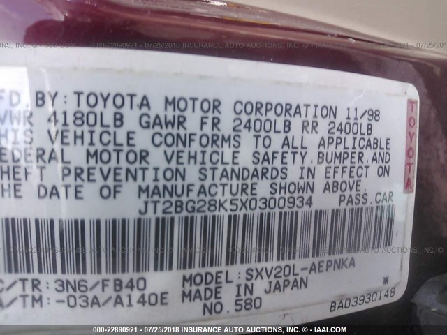 JT2BG28K5X0300934 - 1999 TOYOTA CAMRY LE/XLE RED photo 9