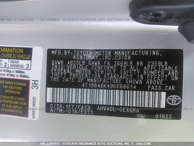 4T1BB46K49U068614 - 2009 TOYOTA CAMRY HYBRID SILVER photo 9