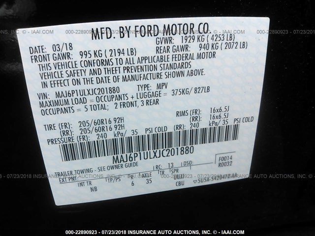 MAJ6P1ULXJC201880 - 2018 FORD ECOSPORT SE BLACK photo 9