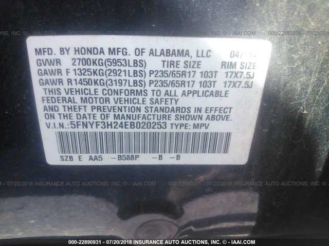 5FNYF3H24EB020253 - 2014 HONDA PILOT LX BLUE photo 9