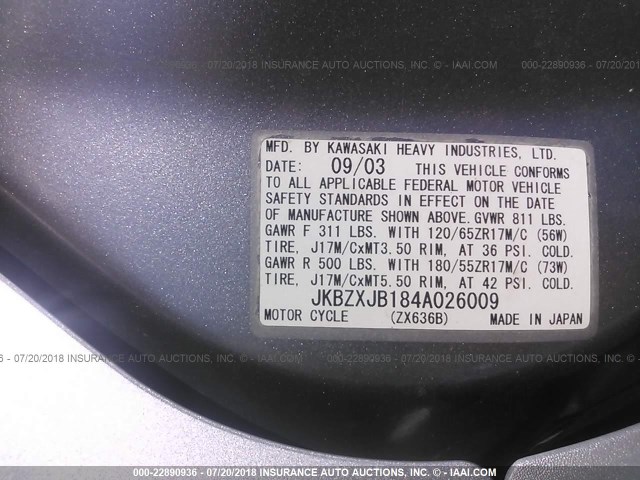 JKBZXJB184A026009 - 2004 KAWASAKI ZX636 B1 GRAY photo 10