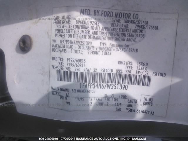 1FAFP34N67W251390 - 2007 FORD FOCUS ZX4/S/SE/SES Ақ фото 9