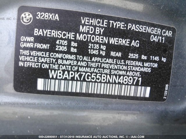WBAPK7G55BNN48971 - 2011 BMW 328 XI GRAY photo 9