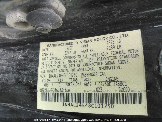 1N4AL24E48C101250 - 2008 NISSAN ALTIMA 2.5S BLACK photo 9