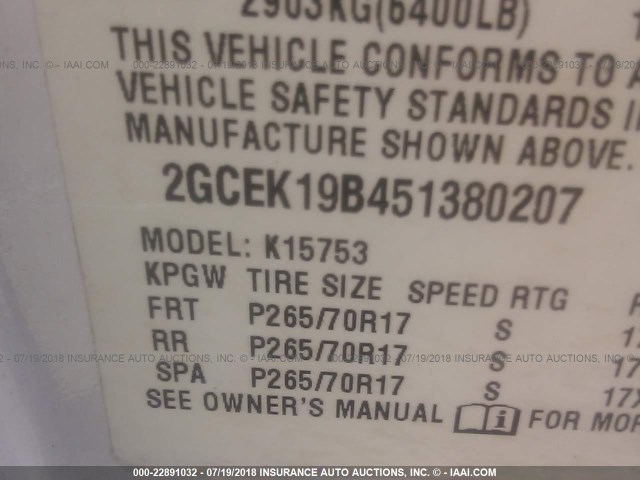 2GCEK19B451380207 - 2005 CHEVROLET SILVERADO K1500 WHITE photo 9