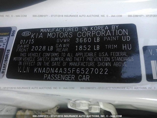 KNADN4A35F6527022 - 2015 KIA RIO EX/SX WHITE photo 9