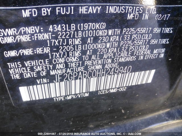 JF2GPABC0HH249940 - 2017 SUBARU CROSSTREK PREMIUM Qara foto 9
