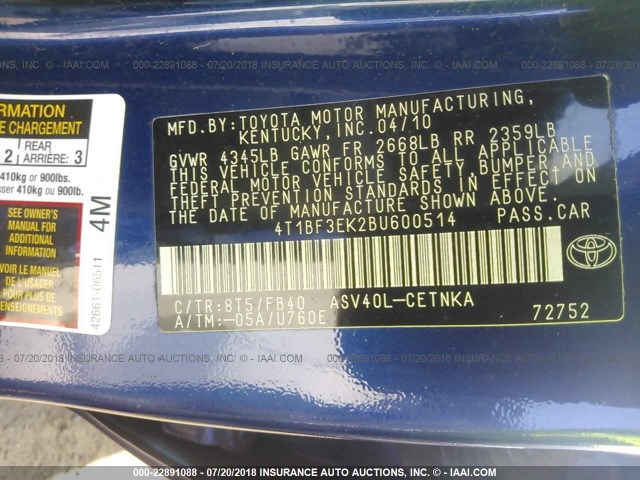 4T1BF3EK2BU600514 - 2011 TOYOTA CAMRY SE/LE/XLE BLUE photo 9