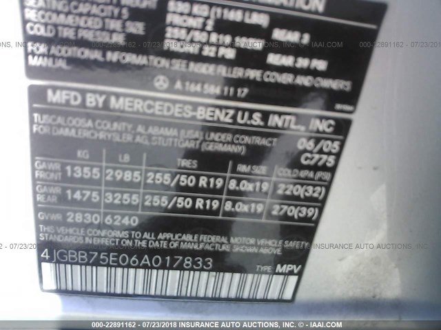 4JGBB75E06A017833 - 2006 MERCEDES-BENZ ML 500 SILVER photo 9