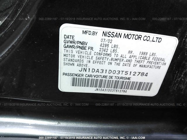 JN1DA31D03T512784 - 2003 NISSAN MAXIMA GLE/GXE/SE BLACK photo 9