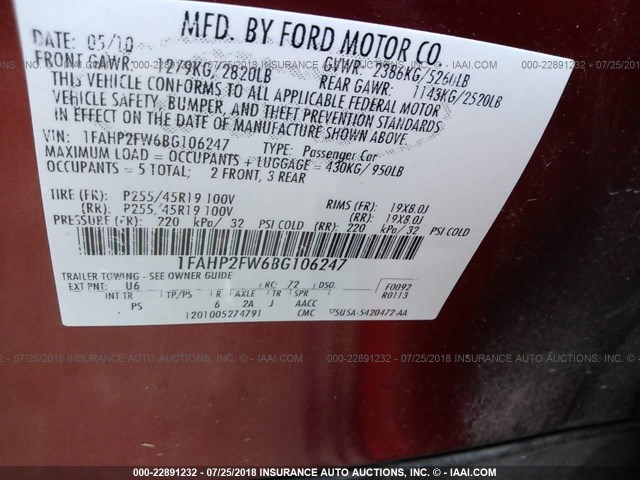 1FAHP2FW6BG106247 - 2011 FORD TAURUS LIMITED RED photo 9