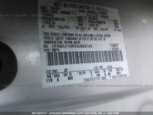 1FMEU15W53LB02163 - 2003 FORD EXPEDITION XLT SILVER photo 9