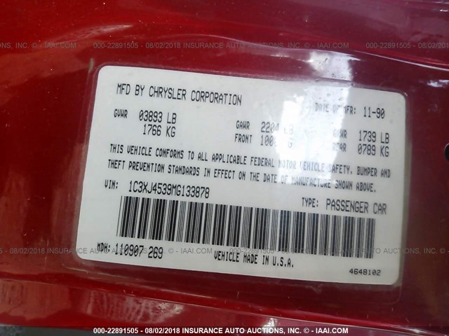 1C3XJ4539MG133878 - 1991 CHRYSLER LEBARON 红色 照片 9