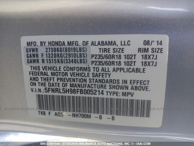 5FNRL5H98FB005214 - 2015 HONDA ODYSSEY TOURING/TOURING ELITE SILVER photo 9