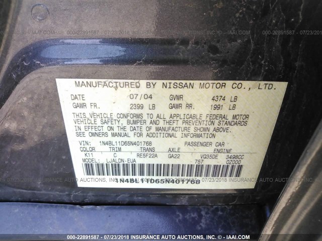 1N4BL11D65N401768 - 2005 NISSAN ALTIMA SE/SL/SE-R GRAY photo 9