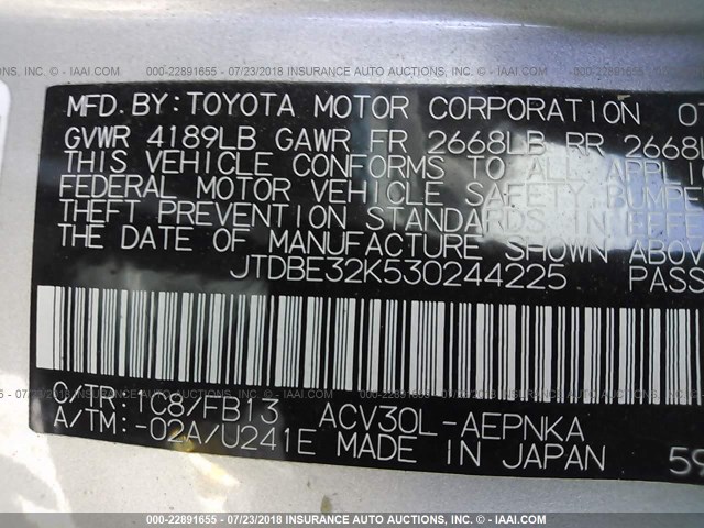 JTDBE32K530244225 - 2003 TOYOTA CAMRY LE/XLE SILVER photo 9