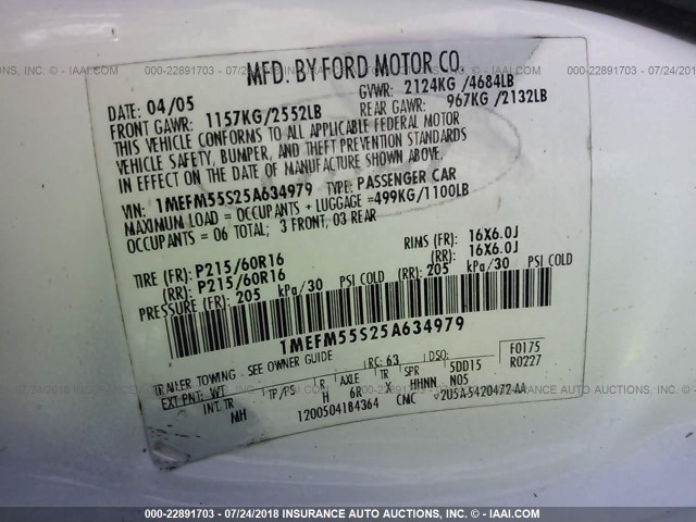 1MEFM55S25A634979 - 2005 MERCURY SABLE LS PREMIUM WHITE photo 9