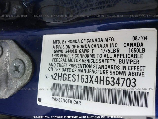 2HGES163X4H634703 - 2004 HONDA CIVIC DX VP Mavi foto 9