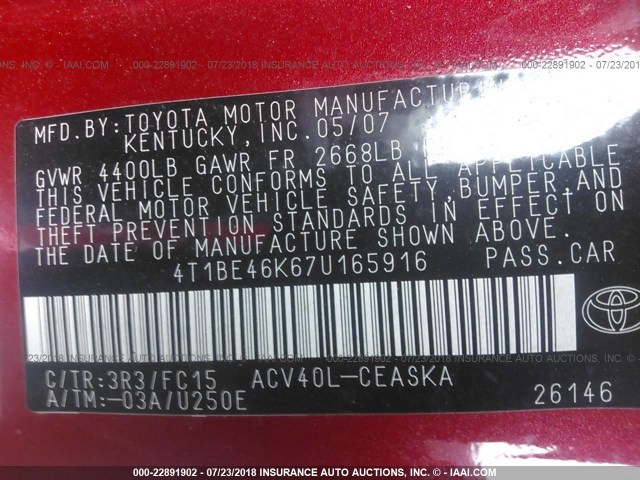 4T1BE46K67U165916 - 2007 TOYOTA CAMRY NEW GENERAT CE/LE/XLE/SE RED photo 9
