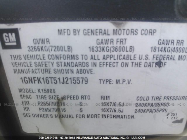 1GNFK16T51J215579 - 2001 CHEVROLET SUBURBAN K1500 GRAY photo 9