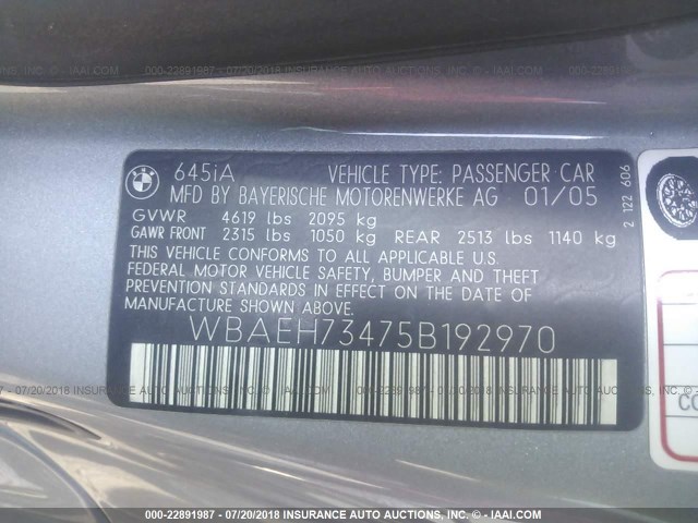 WBAEH73475B192970 - 2005 BMW 645 CI AUTOMATIC Сұр фото 9
