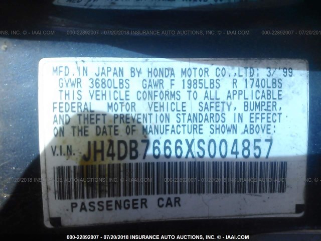 JH4DB7666XS004857 - 1999 ACURA INTEGRA GS BLUE photo 9