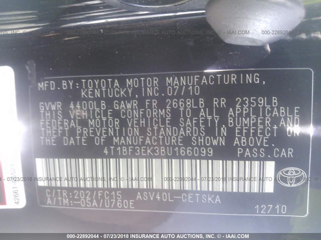 4T1BF3EK3BU166099 - 2011 TOYOTA CAMRY SE/LE/XLE BLACK photo 9