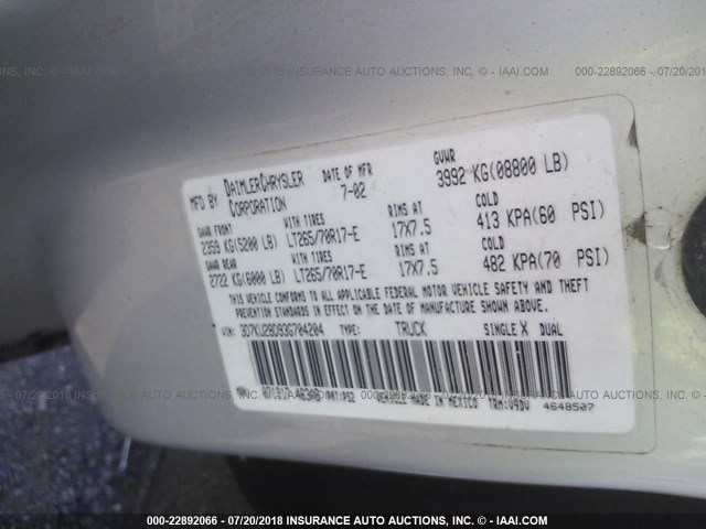 3D7KU28D93G704204 - 2003 DODGE RAM 2500 ST/SLT 银色 照片 9