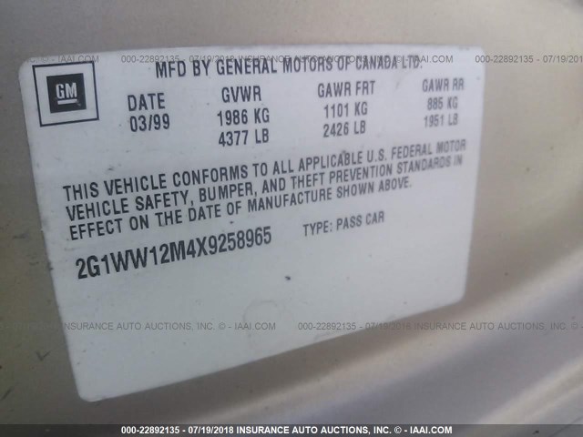 2G1WW12M4X9258965 - 1999 CHEVROLET MONTE CARLO LS GOLD photo 9