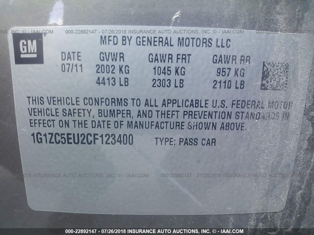 1G1ZC5EU2CF123400 - 2012 CHEVROLET MALIBU 1LT 灰色 照片 9