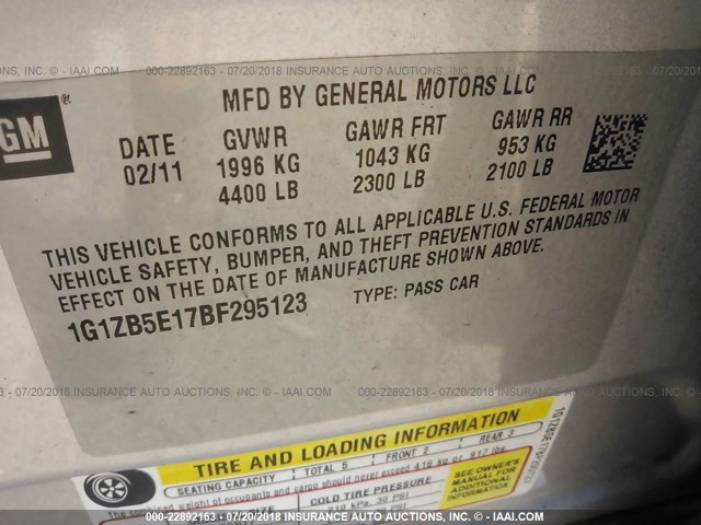 1G1ZB5E17BF295123 - 2011 CHEVROLET MALIBU LS SILVER photo 9