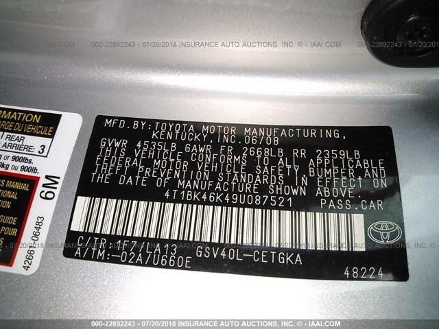 4T1BK46K49U087521 - 2009 TOYOTA CAMRY SE/LE/XLE SILVER photo 9