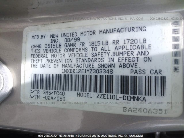 1NXBR12E1YZ303348 - 2000 TOYOTA COROLLA VE/CE/LE 米色 照片 9