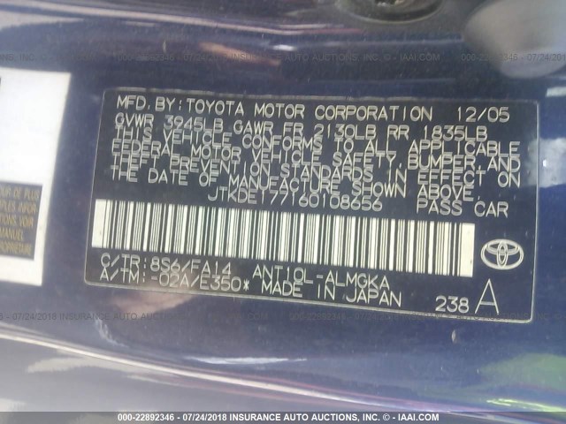 JTKDE177160108656 - 2006 TOYOTA SCION TC 蓝色 照片 9