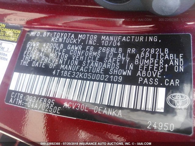 4T1BE32K05U002109 - 2005 TOYOTA CAMRY LE/XLE/SE 栗色 照片 9