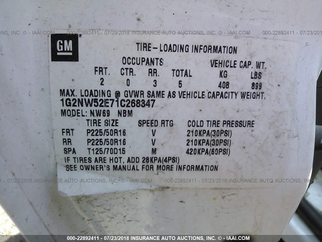 1G2NW52E71C268347 - 2001 PONTIAC GRAND AM GT WHITE photo 9