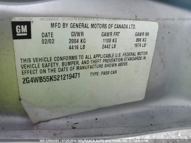 2G4WB55K521219471 - 2002 BUICK REGAL LS 银色 照片 9