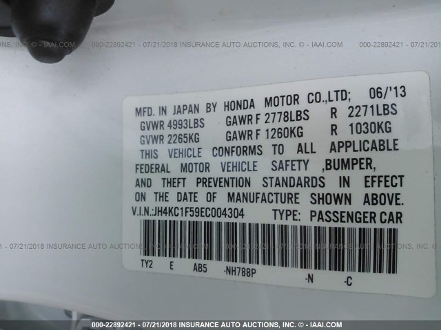 JH4KC1F59EC004304 - 2014 ACURA RLX TECH WHITE photo 9