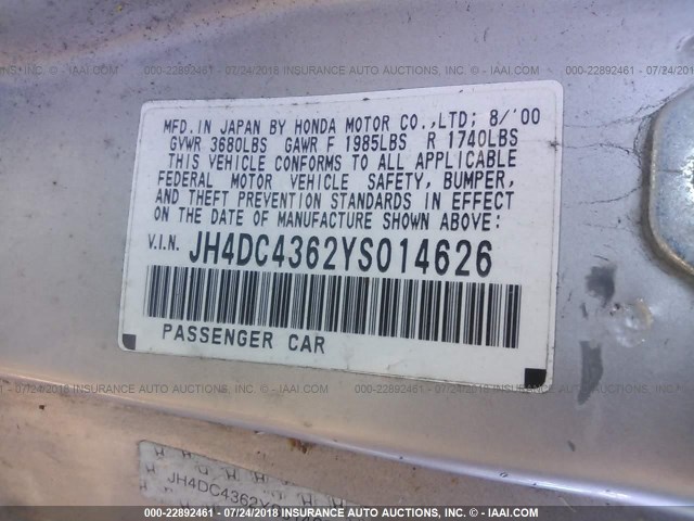 JH4DC4362YS014626 - 2000 ACURA INTEGRA GS SILVER photo 9