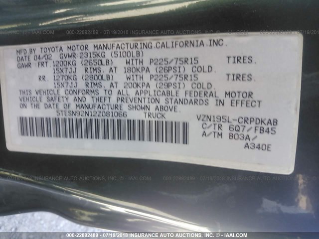 5TESN92N12Z081066 - 2002 TOYOTA TACOMA XTRACAB PRERUNNER 绿色 照片 9