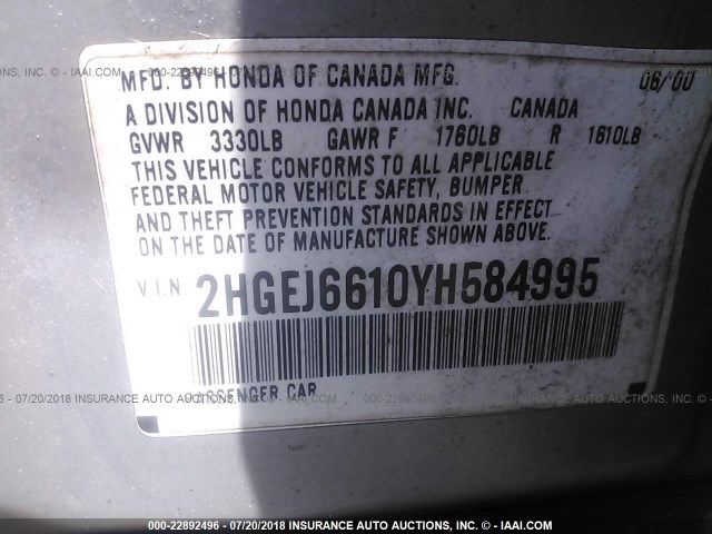 2HGEJ6610YH584995 - 2000 HONDA CIVIC SE SILVER photo 9