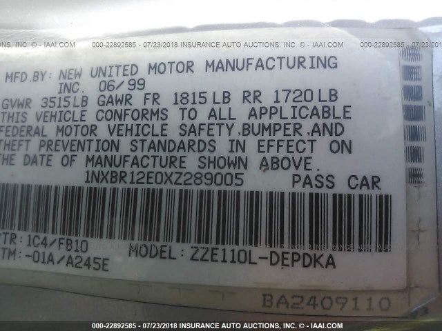 1NXBR12E0XZ289005 - 1999 TOYOTA COROLLA VE/CE/LE 银色 照片 9