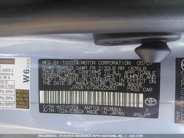JTKDE167280225831 - 2008 TOYOTA SCION TC 蓝色 照片 9