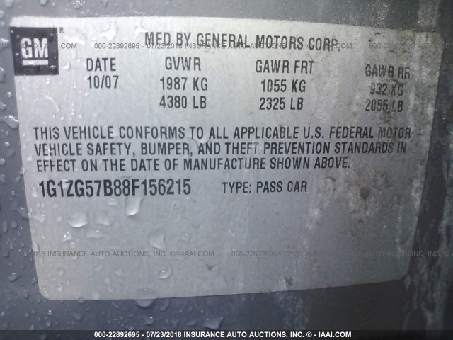 1G1ZG57B88F156215 - 2008 CHEVROLET MALIBU LS ნაცრისფერი ფოტო 9