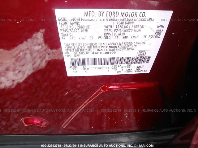 2LMDJ6JK4CBL08406 - 2012 LINCOLN MKX RED photo 9