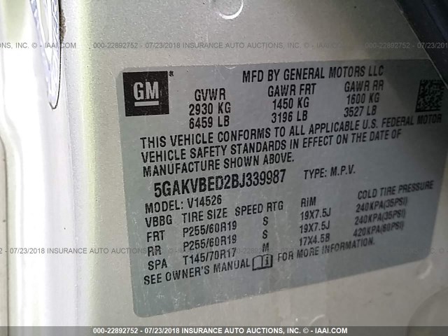 5GAKVBED2BJ339987 - 2011 BUICK ENCLAVE CXL 棕色 照片 9