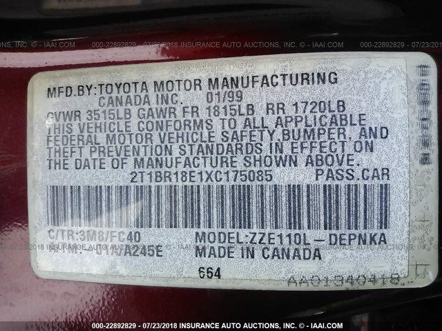 2T1BR18E1XC175085 - 1999 TOYOTA COROLLA VE/CE/LE 勃艮第红 照片 9
