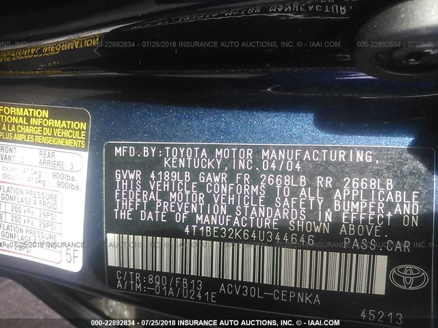 4T1BE32K64U344646 - 2004 TOYOTA CAMRY LE/XLE/SE 蓝色 照片 9